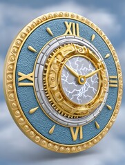 Obraz premium Ornate Gold and Blue Clock with Lightning Bolt Design Against a Pale Blue Sky