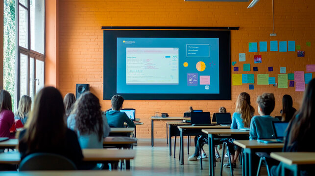 Students in a classroom with laptops watching a presentation on a large screen at the front