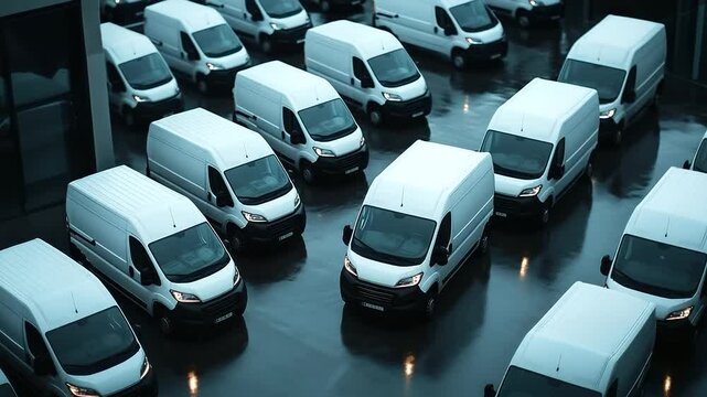 Commercial vans stand in tight row on paved lot in downtown district. Sleek vehicles for urban cargo distribution.