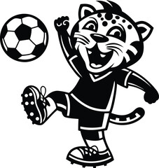 Cartoon style sporty leopard character kicking a soccer ball silhouette vector illustration, sporty leopard character kicking a soccer ball line art vector design