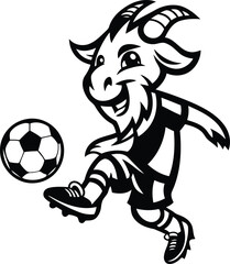 Cartoon style sporty goat character kicking a soccer ball silhouette vector illustration, Cute funny sporty goat character kicking a soccer ball line art vector design