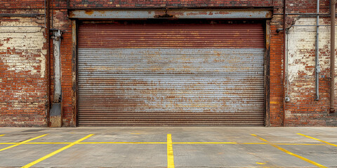 Rusty metal rolling door set in aged brick wall, showcasing a vintage industrial backdrop ideal for urban or grunge design concepts Free space for text or mockup