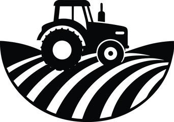 silhouette of a tractor on farmland on white 