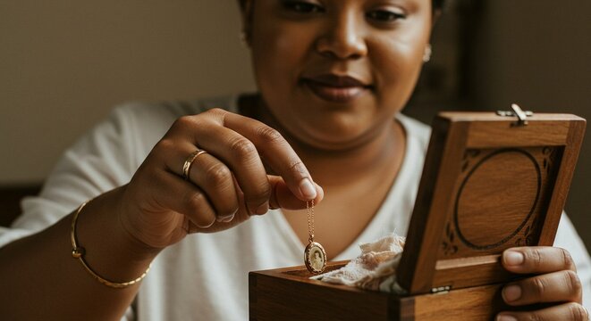 Woman holding a locket necklace above an open wooden keepsake box with memories.
