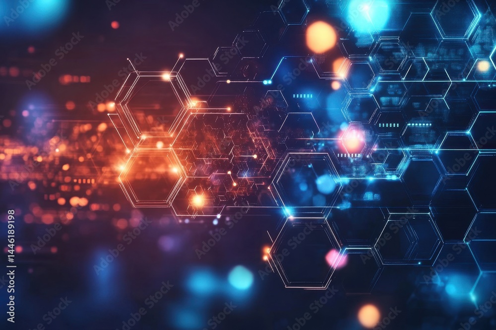 Leinwandbilder Dynamic digital hexagon abstract background with glowing elements and vibrant colors for design projects, Digital hexagon abstract background