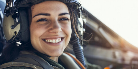 Female jet pilot smiles confidently in cockpit Generative AI