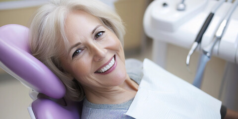 Fototapeta premium Senior woman relaxes in dental chair during check-up Generative AI