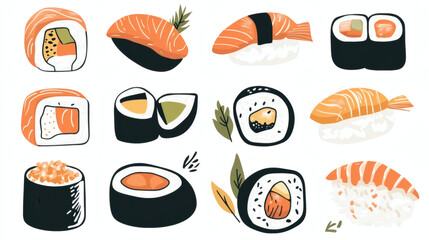 Cute Kawaii Sushi Nigiri and Maki Rolls Character Illustration Set Japanese Food
