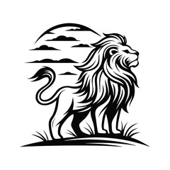 Standing Majestic Lion Silhouette, Powerful Feline, Pride Rock Under Cloudy Sky, Grassy Knoll