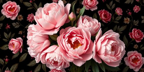 Fototapeta premium Vintage bouquet of blush peonies on black baroque floral background Elegant, old-fashioned, natural flower pattern, peonies, wedding