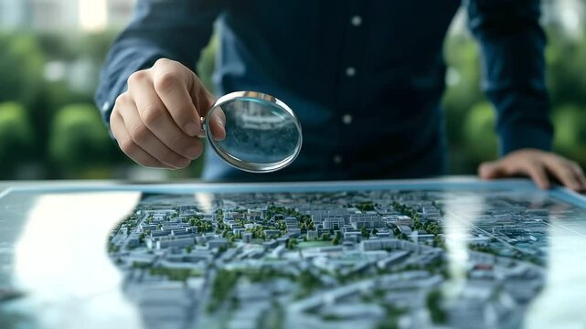 Focused urban planner uses a magnifying glass to study a large map. Searching for vacant land to convert into a residential area, highlighting potential growth areas for future rea