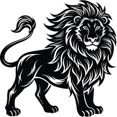 Black Silhouette Lion Full Body View on White Background Isolated