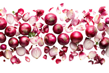 Vibrant red onions scattered on white fresh healthy cooking ingredient food photography closeup view
