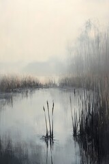Serene misty landscape at dawn with still water reflecting the soft hues of the sky, surrounded by tall grasses and distant trees creating a tranquil atmosphere
