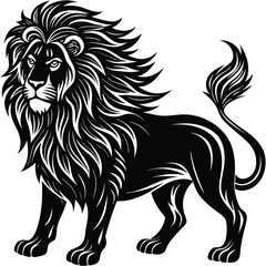 Regal Lion Silhouette Majestic Mane, Detailed Fur, Powerful Stance, Black on White