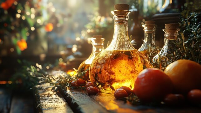 Golden potions and herbs on rustic table