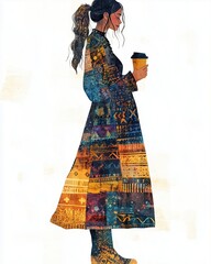 Girl holding a coffee cup cartoon person illustrated clothing, Risograph style drawing sketch adult