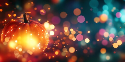A blurry photo of a glowing Halloween pumpkin with sparkling lights in the background. The pumpkin is orange and the image is full of vibrant colors, perfect for a party backdrop.
