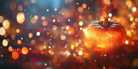 A blurry photo of a glowing Halloween pumpkin with sparkling lights in the background. The pumpkin is orange and the image is full of vibrant colors, perfect for a party backdrop.