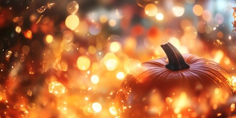 A blurry photo of a glowing Halloween pumpkin with sparkling lights in the background. The pumpkin is orange and the image is full of vibrant colors, perfect for a party backdrop.
