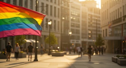 Rainbow pride flag waving in city street against blurred people and buildings. Concept for celebrating lgbt rights and diversity.