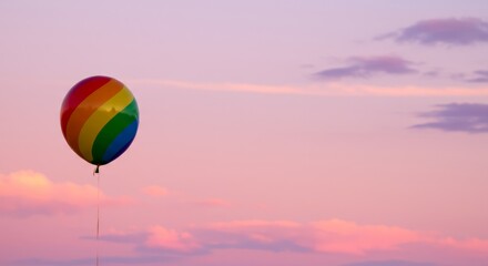 Fototapeta premium Rainbow colored balloon against a pink and purple sky symbolizing lgbtq community and pride month for celebration background or greeting card.