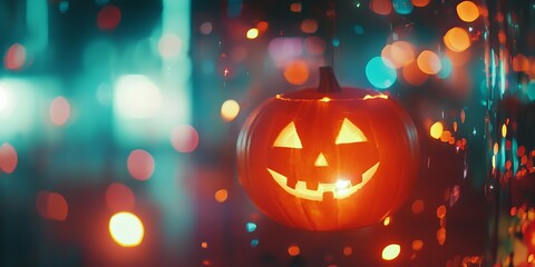 A blurry photo of a glowing Halloween pumpkin with sparkling lights in the background. The pumpkin is orange and the image is full of vibrant colors, perfect for a party backdrop.