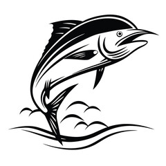 Marlin Fish Leaping Silhouette, Black and White, Ocean Waves, Simple Design, Sea Animal