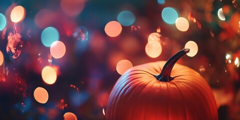A blurry photo of a glowing Halloween pumpkin with sparkling lights in the background. The pumpkin is orange and the image is full of vibrant colors, perfect for a party backdrop.