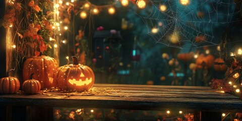 A cozy autumn scene with a wooden table and twinkling lights.  The warm glow from pumpkins and a spiderweb creates a festive Halloween backdrop.  Perfect for showcasing your product.