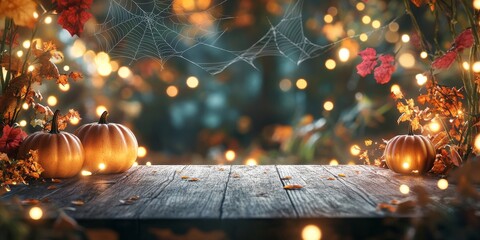 A cozy autumn scene with a wooden table and twinkling lights.  The warm glow from pumpkins and a spiderweb creates a festive Halloween backdrop.  Perfect for showcasing your product.