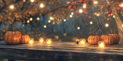 A cozy autumn scene with a wooden table and twinkling lights.  The warm glow from pumpkins and a spiderweb creates a festive Halloween backdrop.  Perfect for showcasing your product.