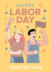 Vertical Labor Day poster with two cheerful workers in cartoon vector style. Bright, colorful design with space for custom text. Ideal for events, flyers, or social media use.