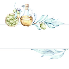 Exploring the beauty of olives and olive oil in watercolor with a touch of Italian cuisine frame, border, arrangement