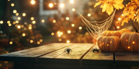 A cozy autumn scene with a wooden table and twinkling lights.  The warm glow from pumpkins and a spiderweb creates a festive Halloween backdrop.  Perfect for showcasing your product.