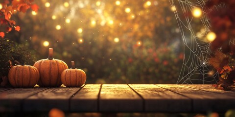 A cozy autumn scene with a wooden table and twinkling lights.  The warm glow from pumpkins and a spiderweb creates a festive Halloween backdrop.  Perfect for showcasing your product.