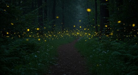 Firefly Trail in the Forest at Night - Magical scene of fireflies illuminating a path through a dark forest at night. Serene and enchanting nature