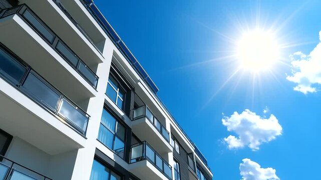 Residential building features solar thermal system under cloudless skies. Concept of efficient solar heat transfer for home hot water.