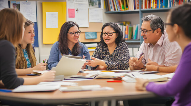 Collaborative Learning: A diverse group of teachers or students engaged in a lively discussion around a circular table, actively participating in collaborative learning.