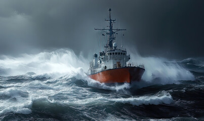 Coast Guard Cutter Navigating Through Rough Seas Under a Dramatic Sky with copy space