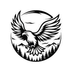Flying Eagle with Mountains and Forest in Black and White Circular Minimalist Design