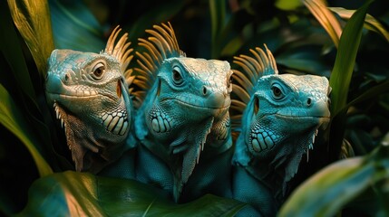 Fototapeta premium Three vibrant blue iguanas in a lush tropical setting