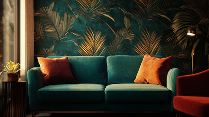 Obraz premium Teal velvet sofa with orange pillows against a teal and gold palm leaf wallpaper background. Showcase of interior design, evoking relaxation and luxury.
