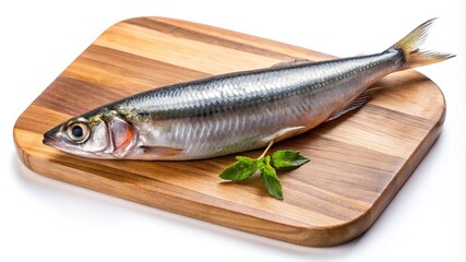 Fresh sardine fish on wooden cutting board for healthy eating and cooking seafood recipes