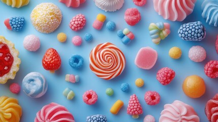 Colorful candy assortment on a light blue background
