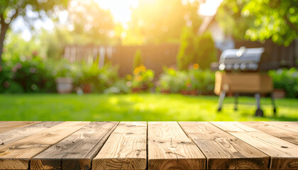 Summer time in backyard garden with grill BBQ, wooden table, with blurred background