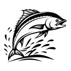 Jumping Tuna Fish Silhouette Black & White Seafood Design With Water Splashes