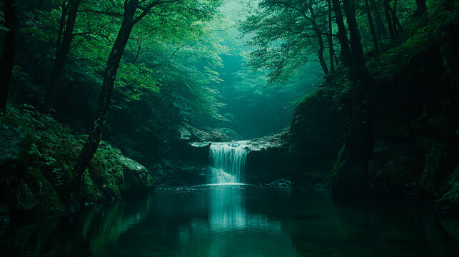 A serene waterfall cascading into a tranquil pool surrounded by lush green forest scenery view
