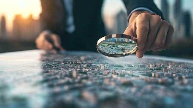 Urban planner analyzing a large city map with magnifying glass. Identifying potential land for residential construction, concept of land management and urban development.