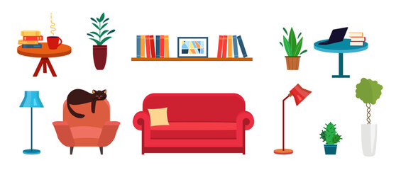 Set  illustrations furniture for cozy home. Sofa, bookshelf, lamp and armchair isolated  on white. Cat, table and flower pot. Vector illustration in flat style.